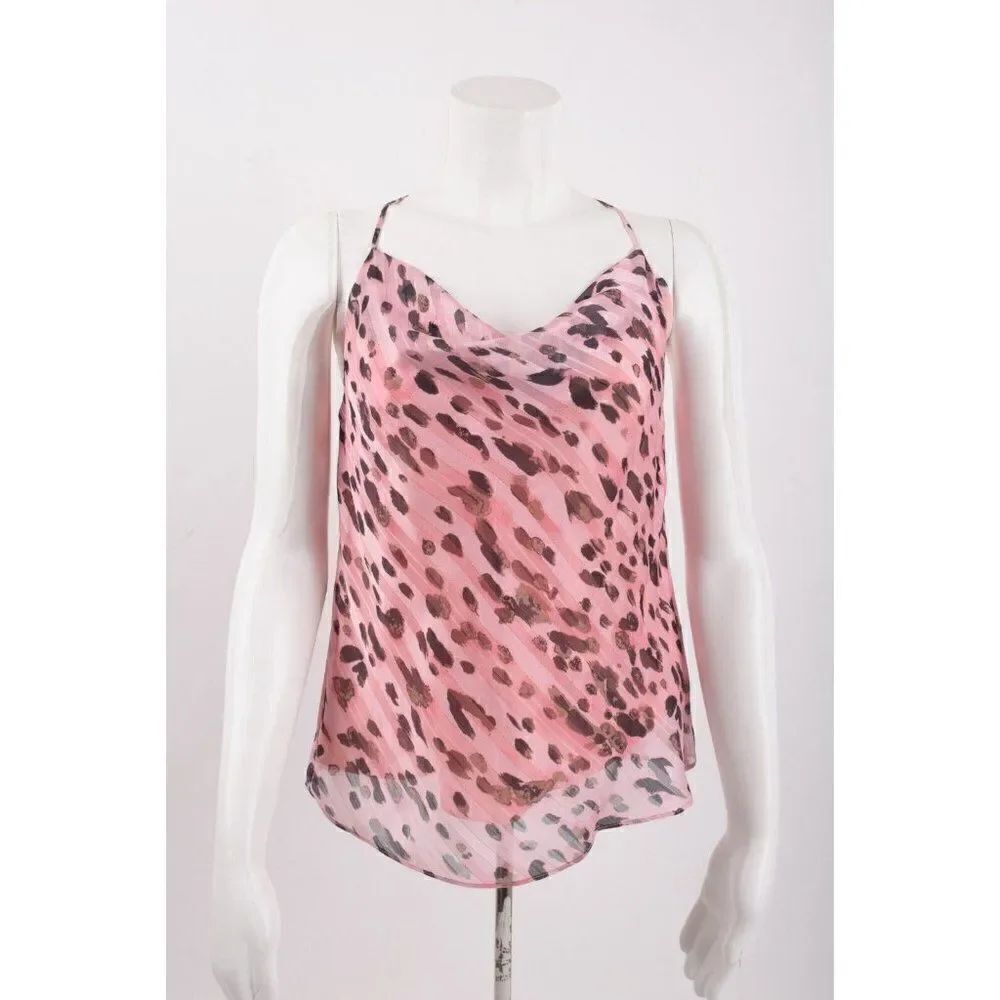 Milly Womans Drue Leopard Print Top Tank Shirt Sz P 0-2 Pink Metallic Cowl Neck